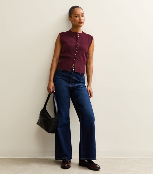 New Look Women's Petite Burgundy Button Up Knit Waistcoat New Look - 3