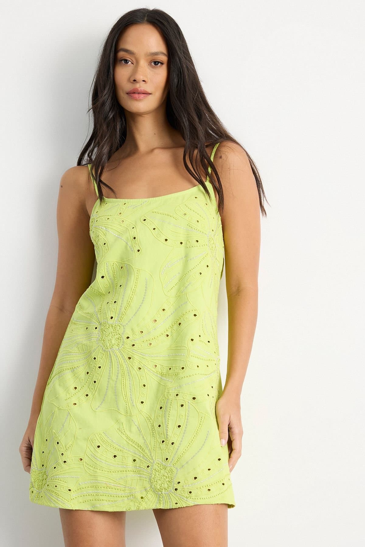 Warehouse Warehouse Women's Beaded Embroidered Slip Mini Dress in Lime