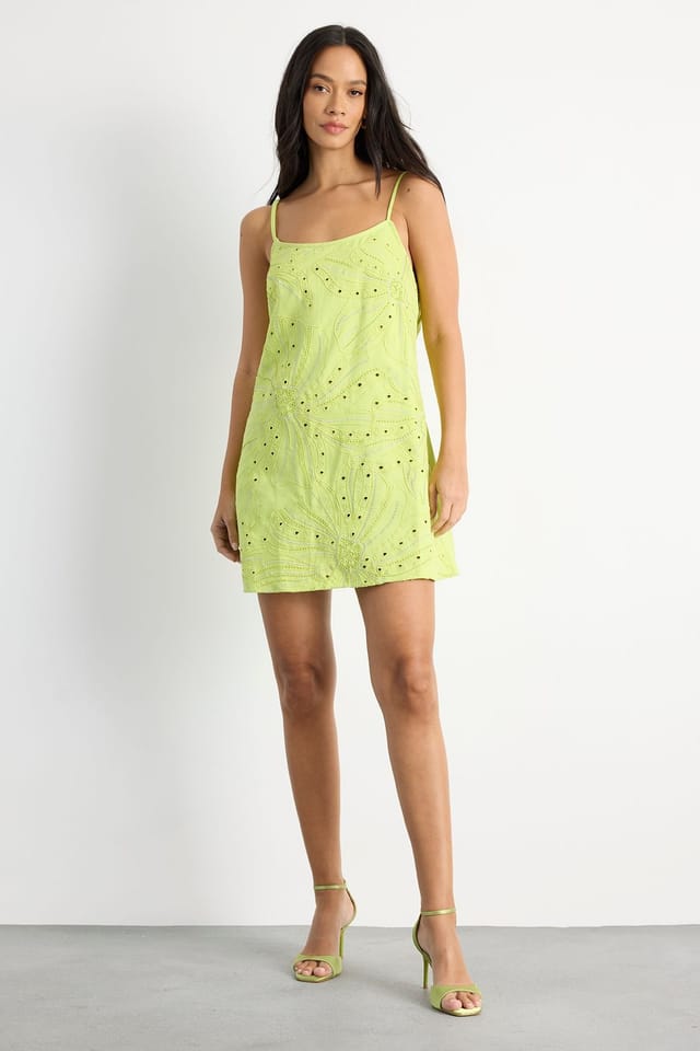 Warehouse Warehouse Women's Beaded Embroidered Slip Mini Dress in Lime - 2