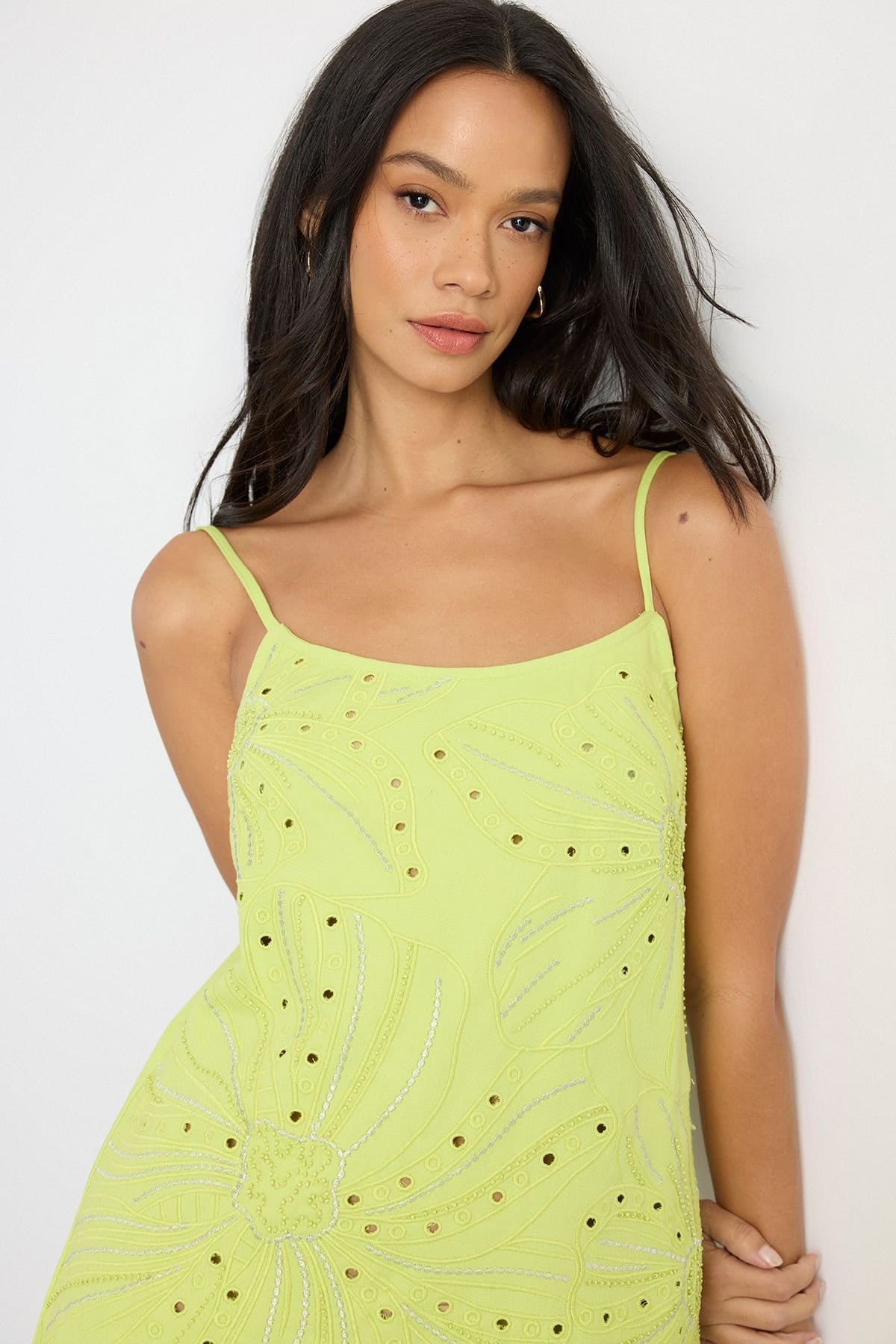 Warehouse Warehouse Women's Beaded Embroidered Slip Mini Dress in Lime - 4