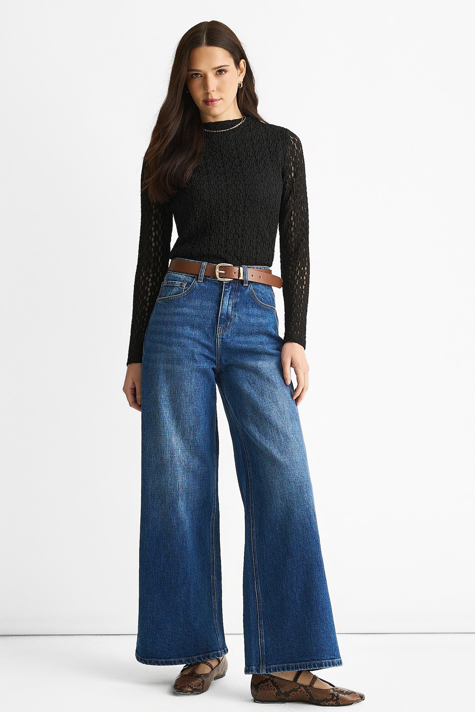 Gini London Gini London Women's Blue Mid Rise Wide Leg Jeans