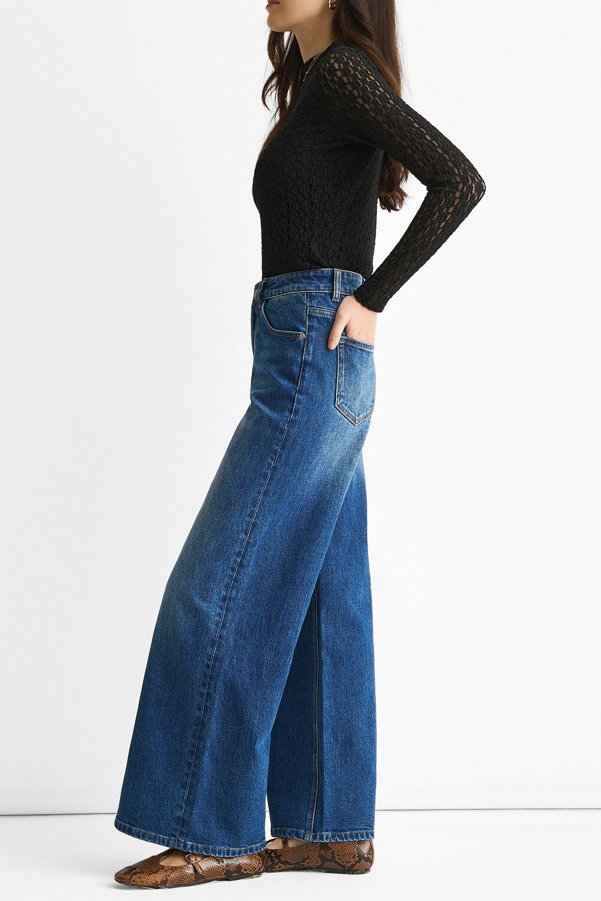 Gini London Gini London Women's Blue Mid Rise Wide Leg Jeans - 3
