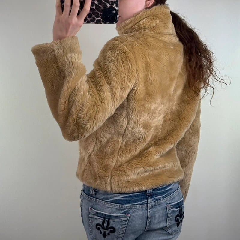 New Look Y2K vintage faux fur zip up coat short jacket dark beige fluffy high neck