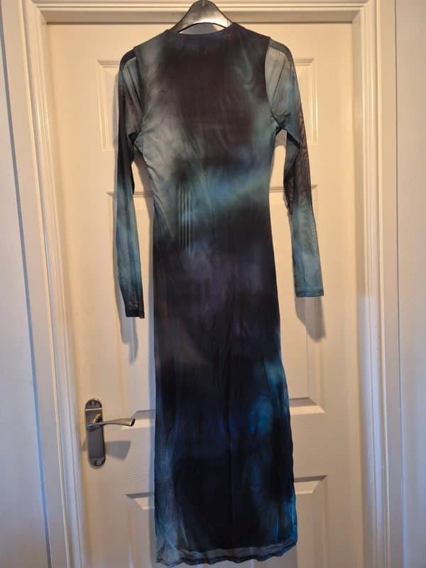 New Look New Look Black Tie Dye Print Ruched Mesh Midi Dress
