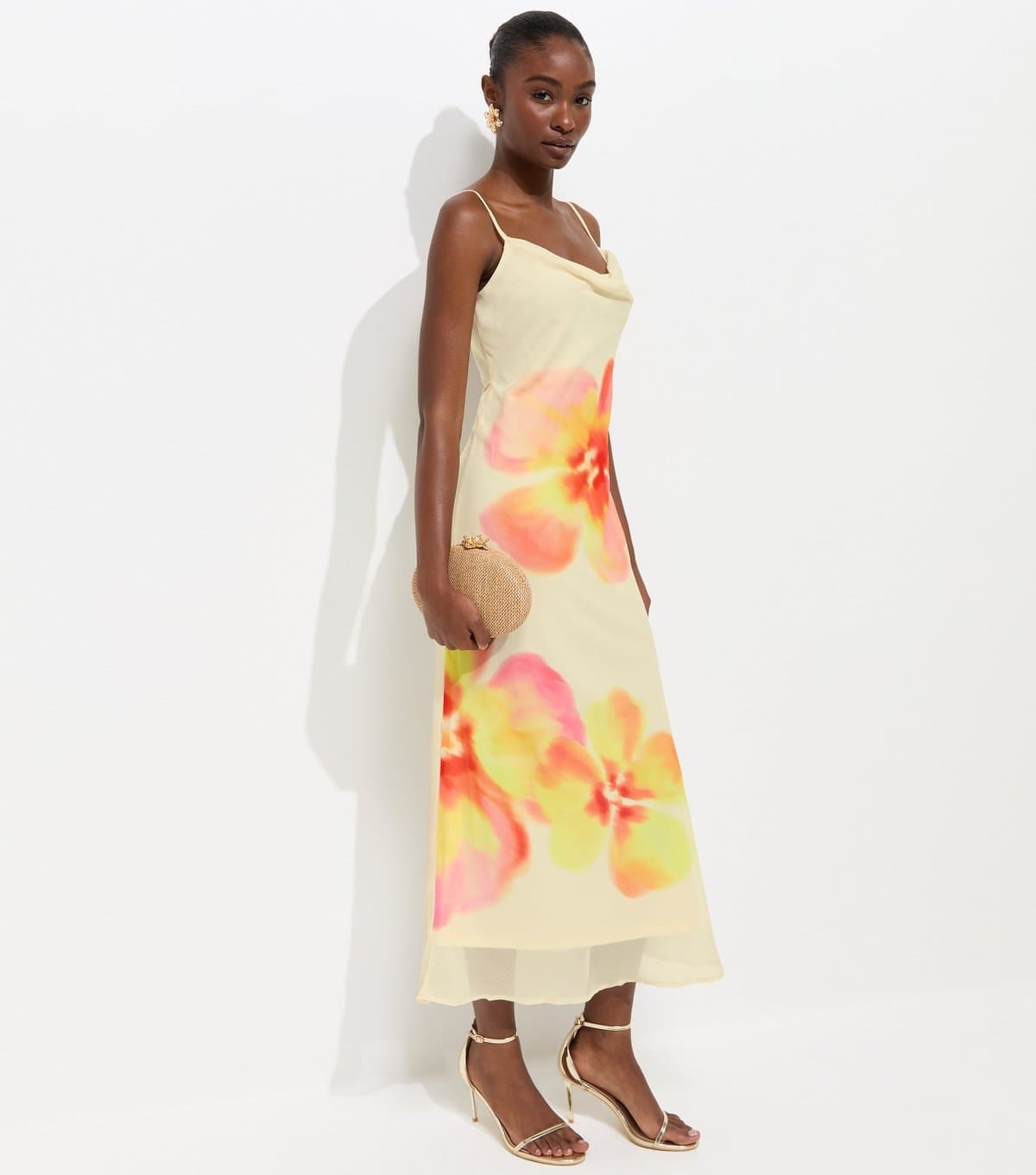 New Look Women's Cream Hibiscus Chiffon Cowl Neck Midi Dress New Look