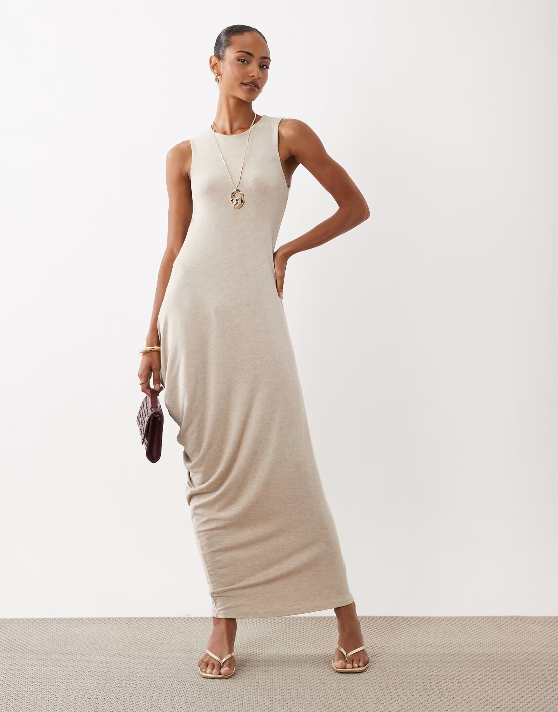 ASOS ASOS DESIGN ruched midi dress in neutral