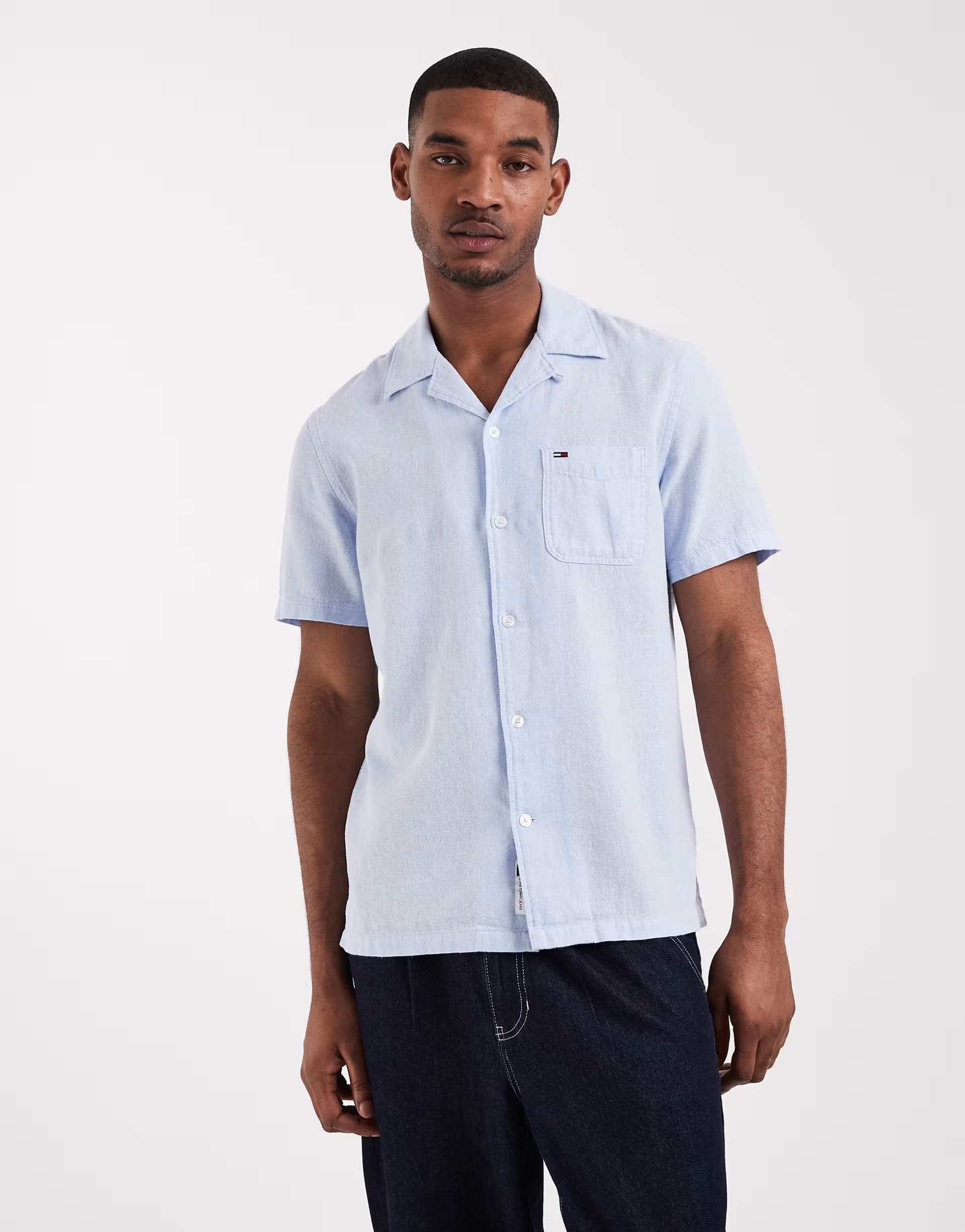 ASOS Tommy Jeans Light Blue Linen Blend Camp Collar Shirt