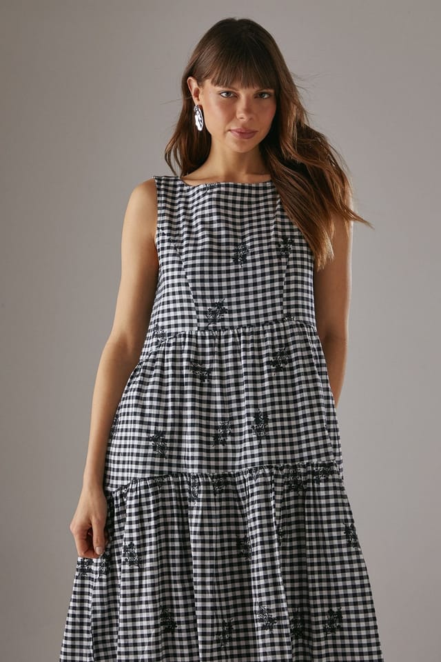 Warehouse Warehouse Women's Embroidered Gingham Sleeveless Midi Sundress in Black - 2