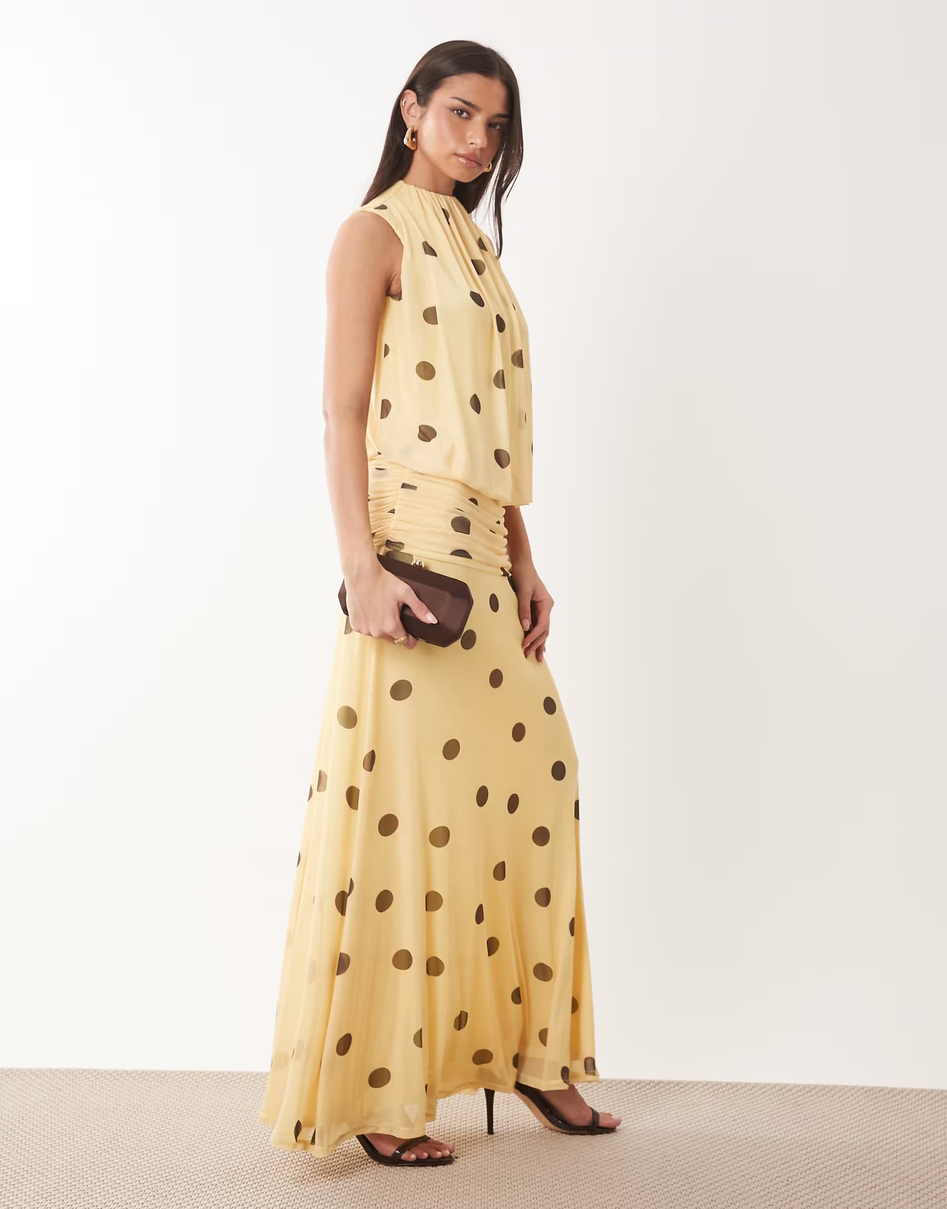 ASOS ASOS DESIGN mesh blouson maxi dress with ruched dropped waist skirt in lemon polka dot print