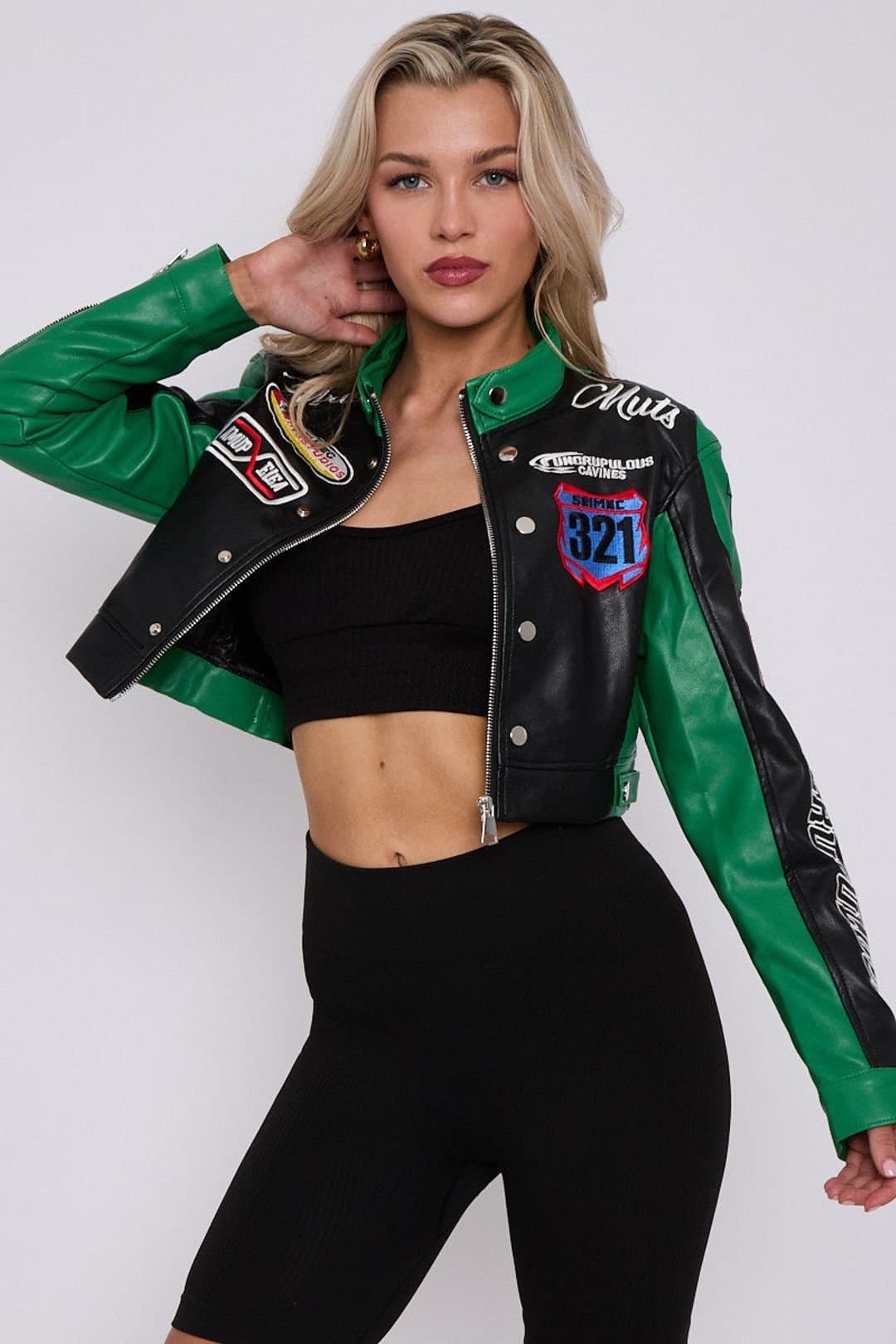 Stylewise STYLEWISE Women's Colour Block Embroidered Vintage PU - Cropped - Biker Jacket in Jade