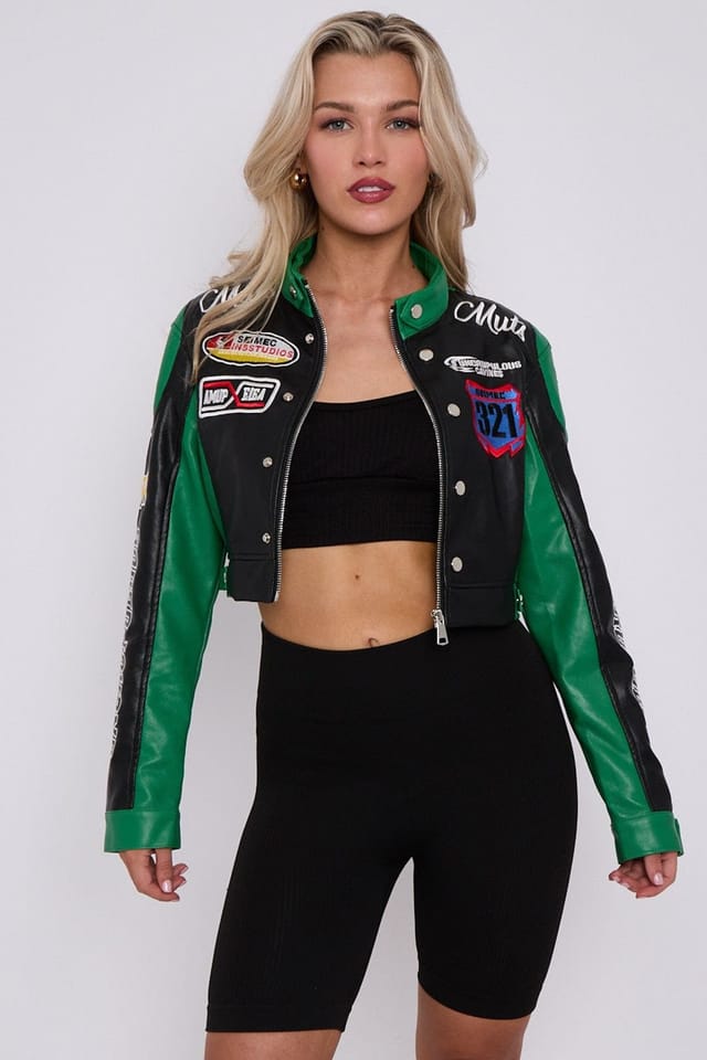 Stylewise STYLEWISE Women's Colour Block Embroidered Vintage PU - Cropped - Biker Jacket in Jade - 2