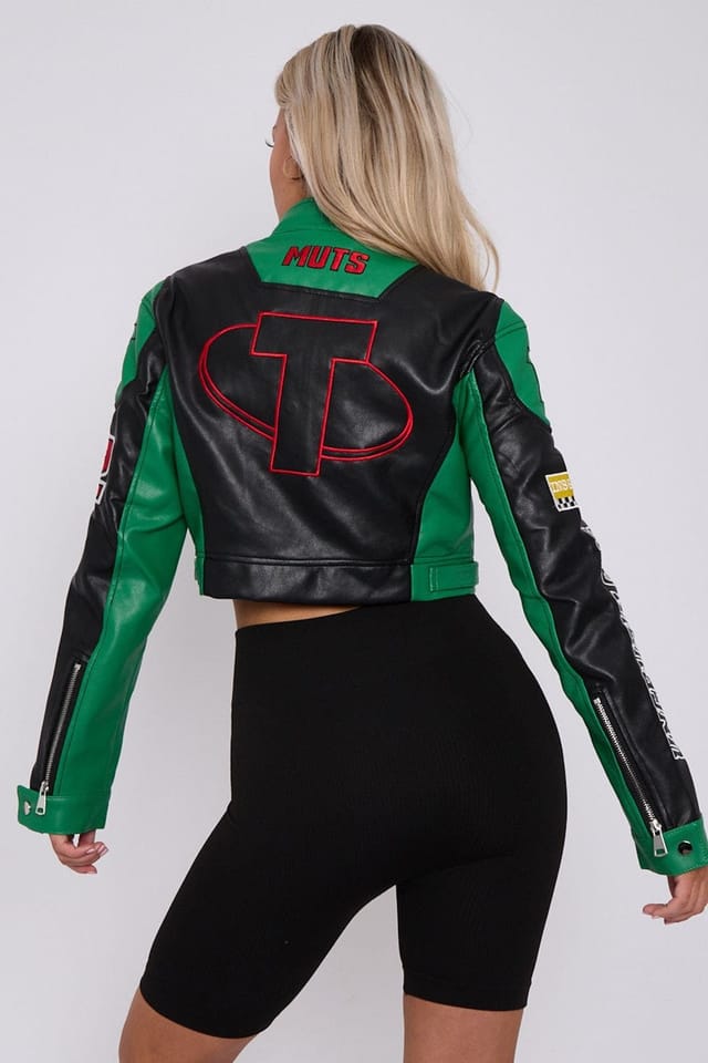 Stylewise STYLEWISE Women's Colour Block Embroidered Vintage PU - Cropped - Biker Jacket in Jade - 3