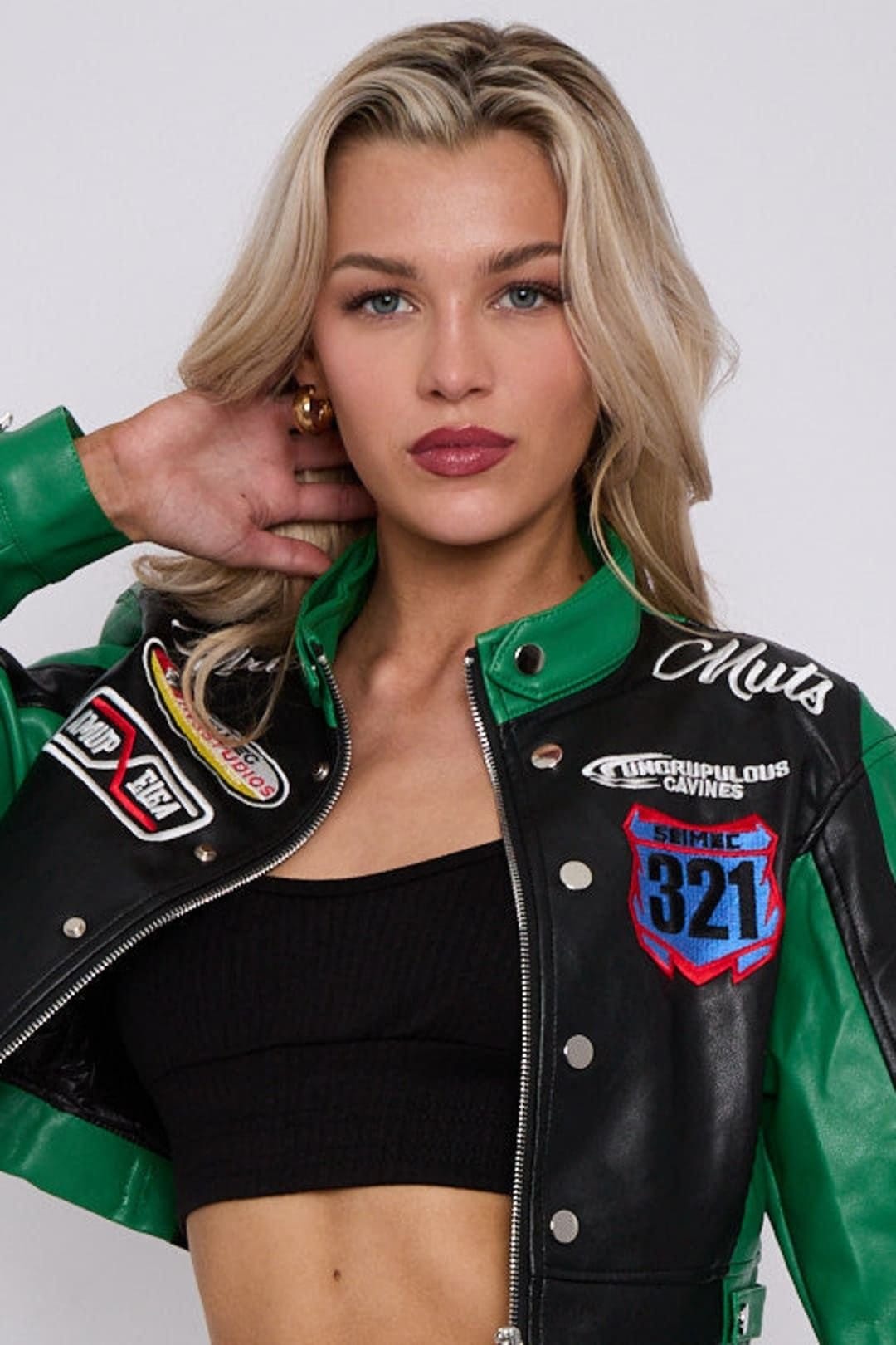 Stylewise STYLEWISE Women's Colour Block Embroidered Vintage PU - Cropped - Biker Jacket in Jade - 4