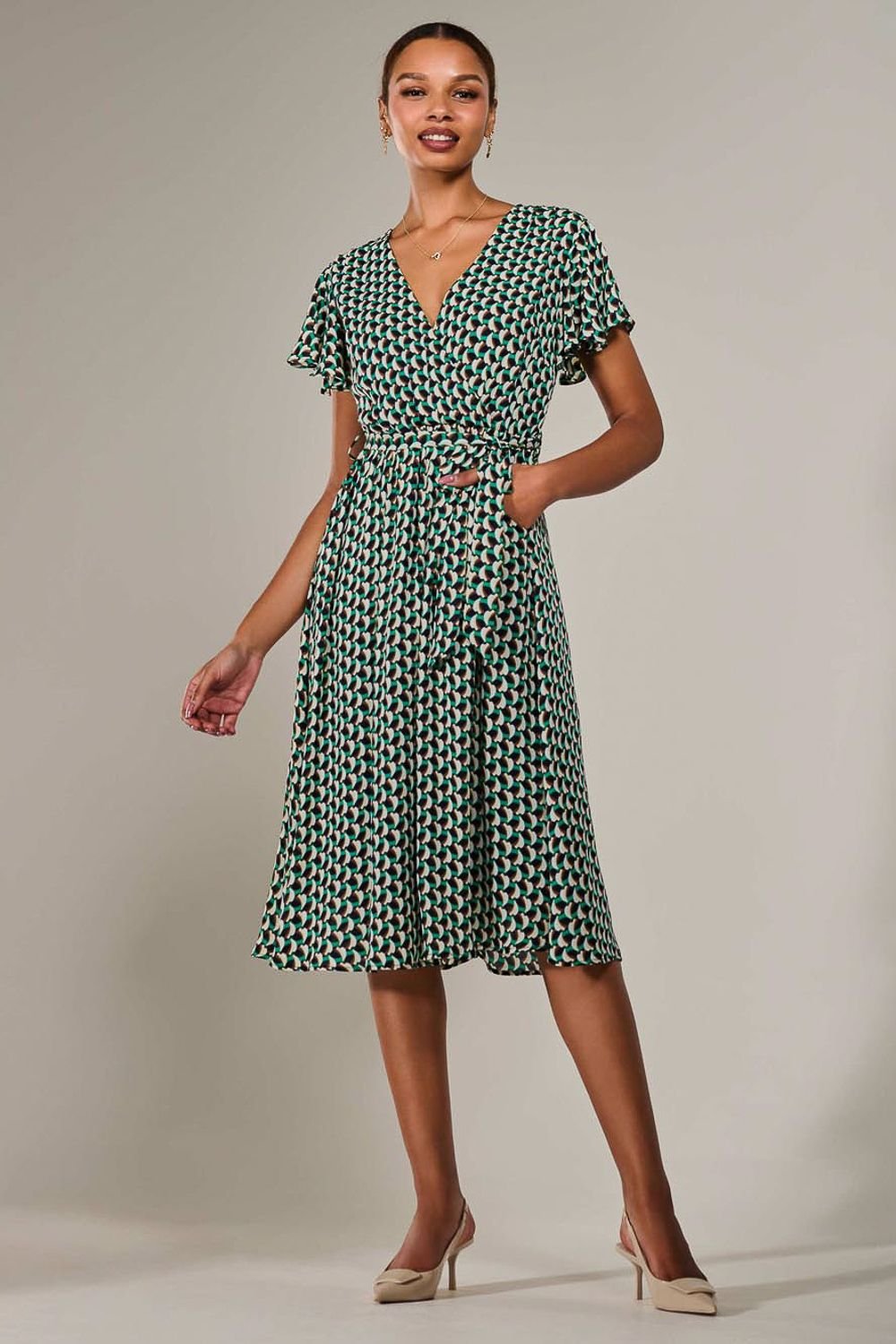 Jolie Moi Jolie Moi Women's Short Sleeve Side Tie Midi Dress in Bright Green - 2