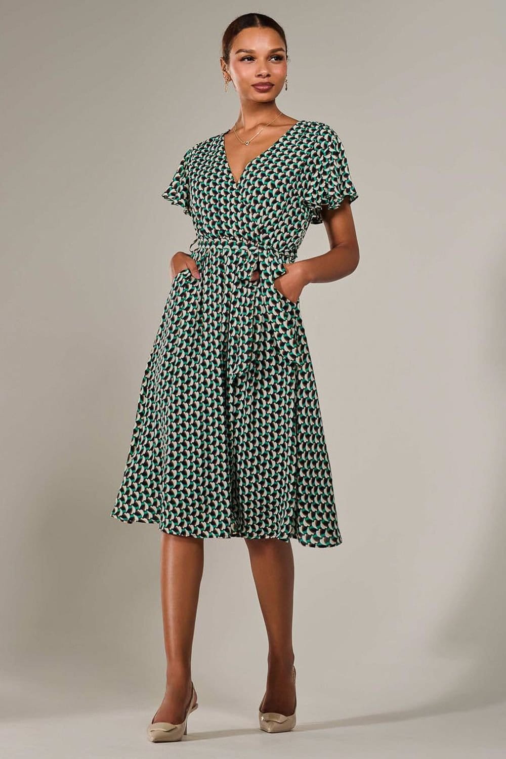 Jolie Moi Jolie Moi Women's Short Sleeve Side Tie Midi Dress in Bright Green - 4