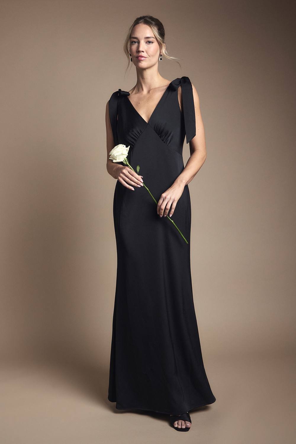 Coast Coast Women's Honoured Satin Back Crepe V Neck Tie Shoulder Maxi Bridesmaid Dress in Black - 2