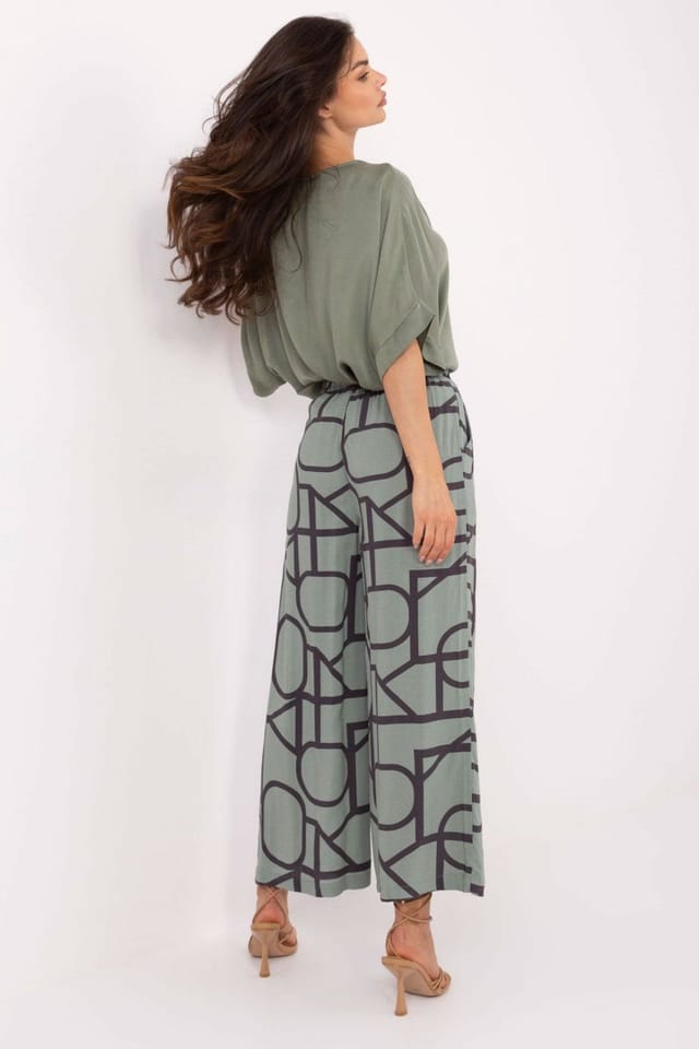 Love Lace Love Lace Women's Light Viscose Wide Leg High Waist Trousers in Green - 3