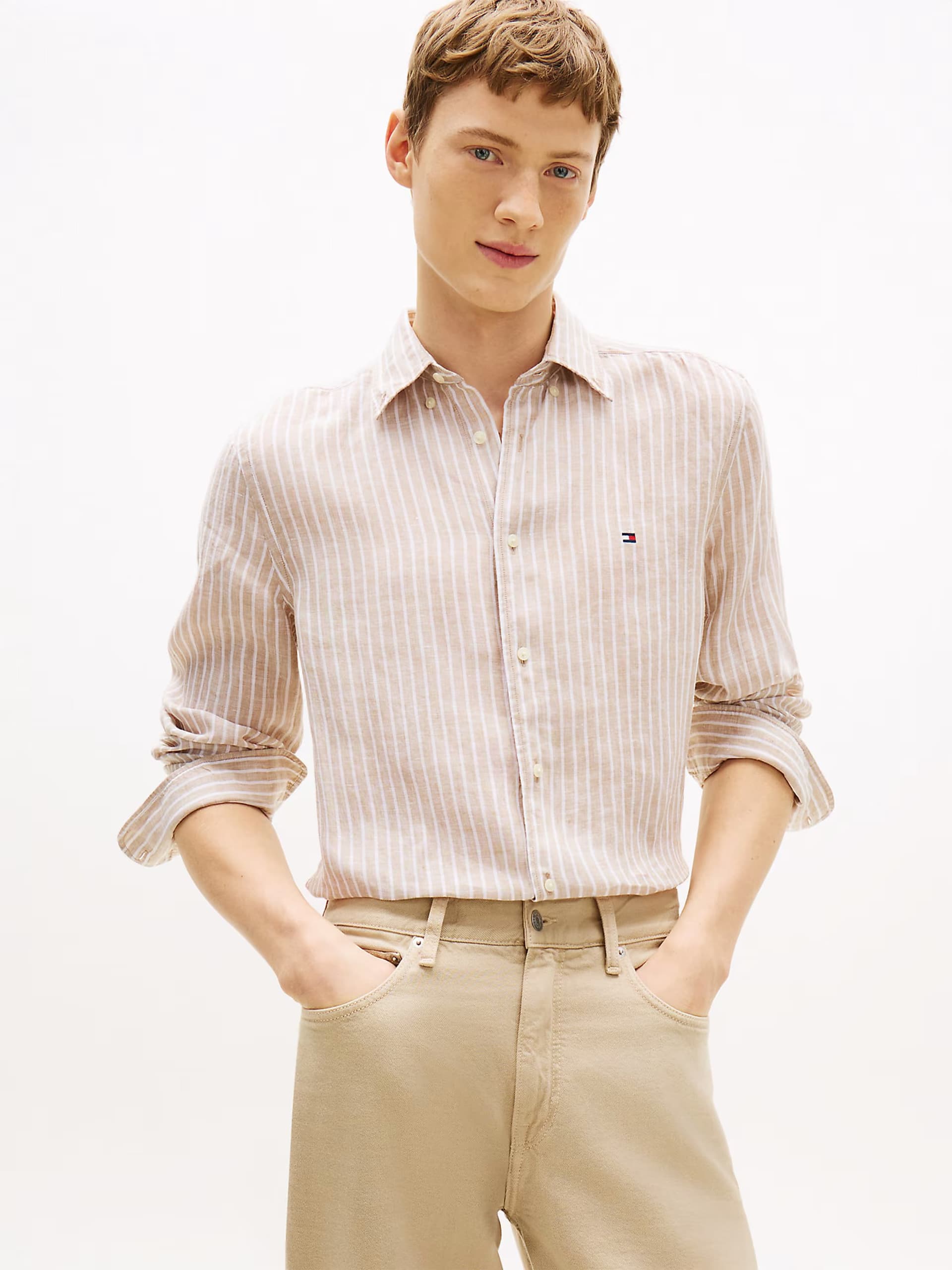 ASOS Tommy Hilfiger Regular fit bengal stripe pure linen shirt in beige