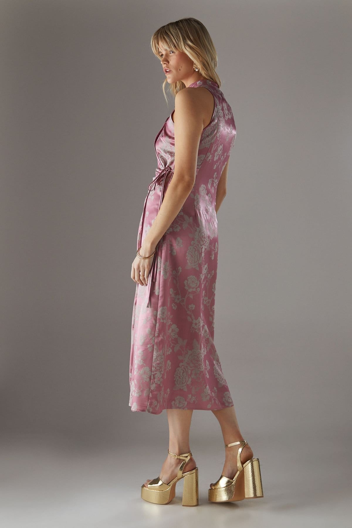 Warehouse Warehouse Women's Satin Jacquard Tie Racer Wrap Midi Dress in Pink - 4