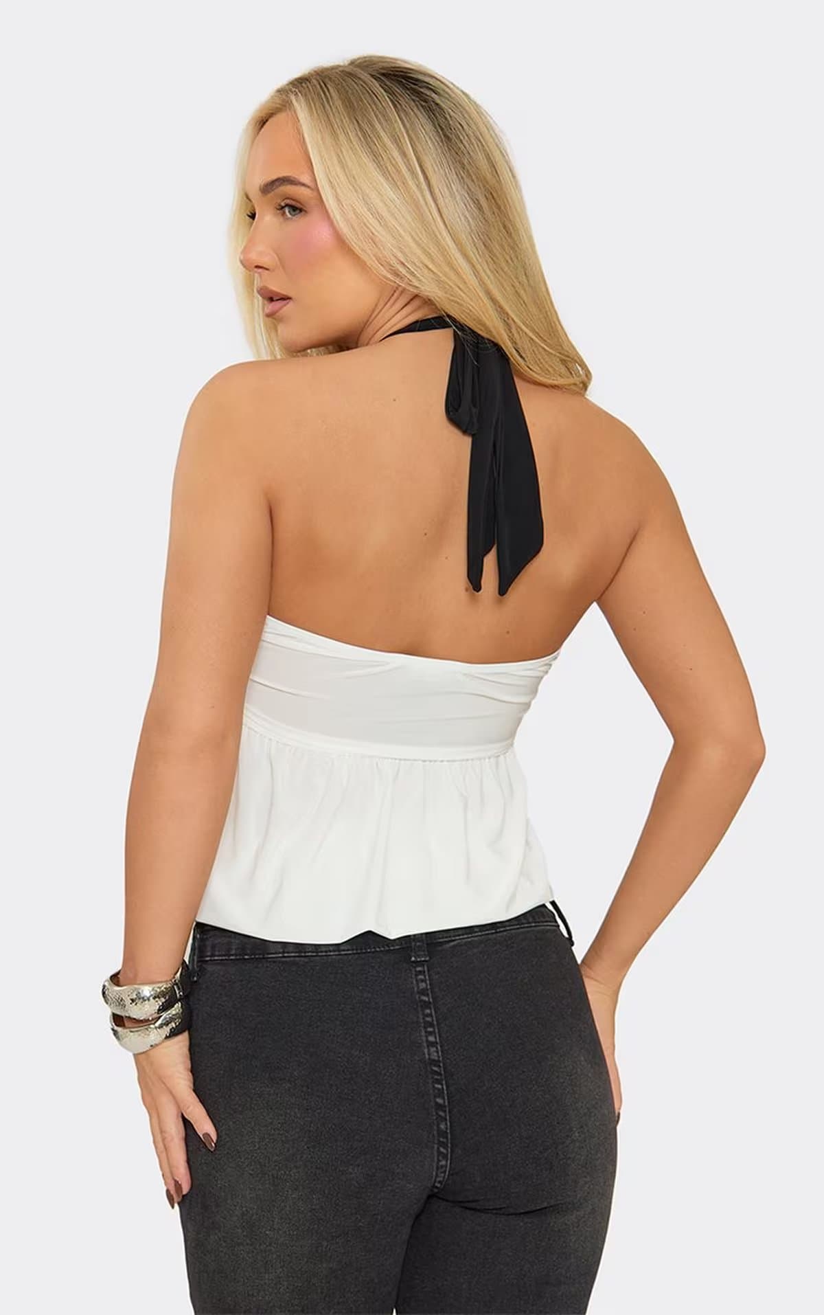 EGO Halterneck Contrast Hem Blouson Top In Cream, Women's Size UK 6