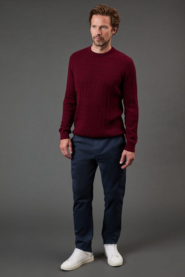 Maine Maine Men's Premium Pure Cotton Cable Crew Neck Jumper in Burgundy - 2