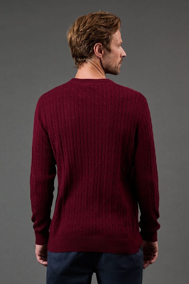 Maine Maine Men's Premium Pure Cotton Cable Crew Neck Jumper in Burgundy - 3