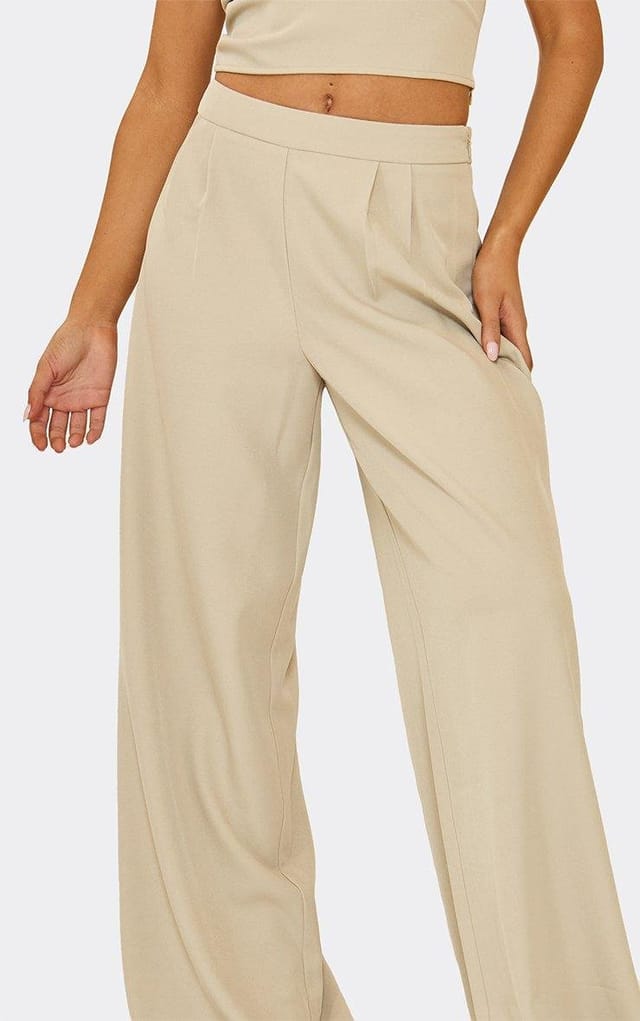 EGO Mid Rise Wide Leg Pleated Trouser In Stone, Women's Size UK 6 - 2