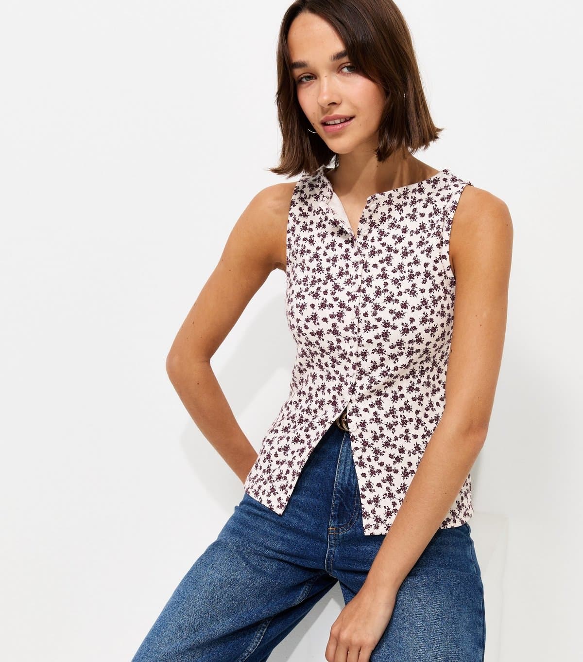 New Look Women's Cream Cotton Rich Floral Print Ribbed Button Through Tank Top New Look