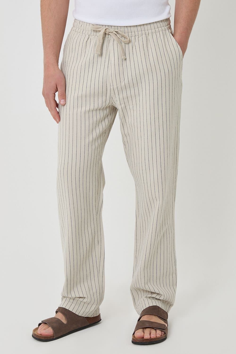 Threadbare Threadbare Men's Stripe Straight Leg Cotton Trousers in Light Stone