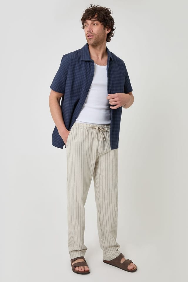 Threadbare Threadbare Men's Stripe Straight Leg Cotton Trousers in Light Stone - 3