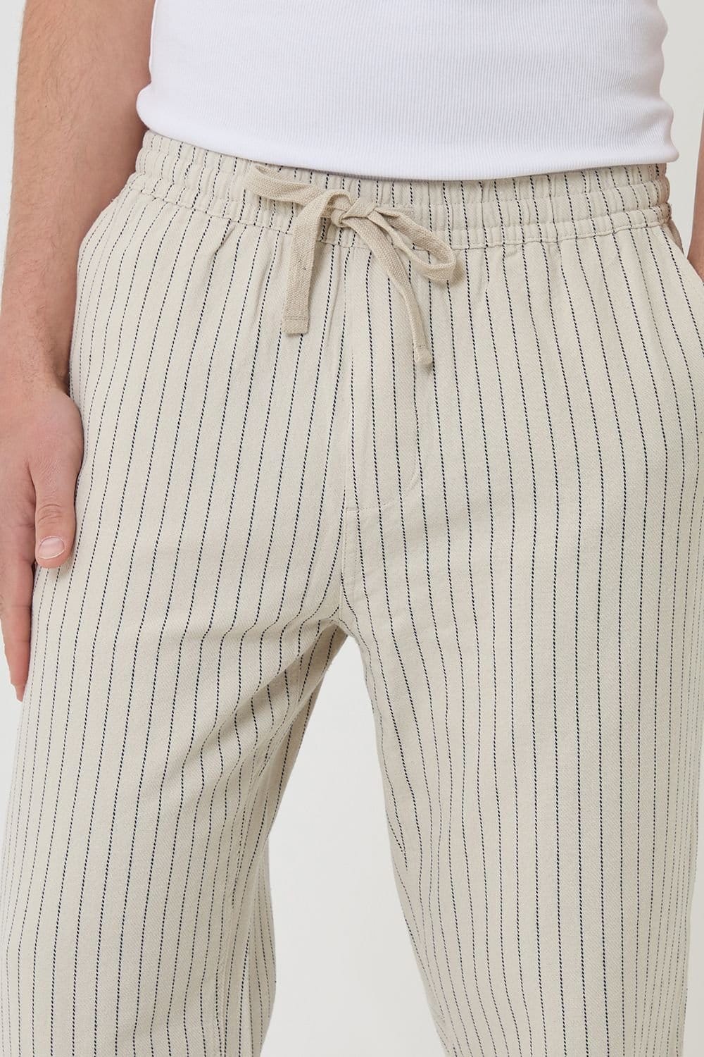 Threadbare Threadbare Men's Stripe Straight Leg Cotton Trousers in Light Stone - 4