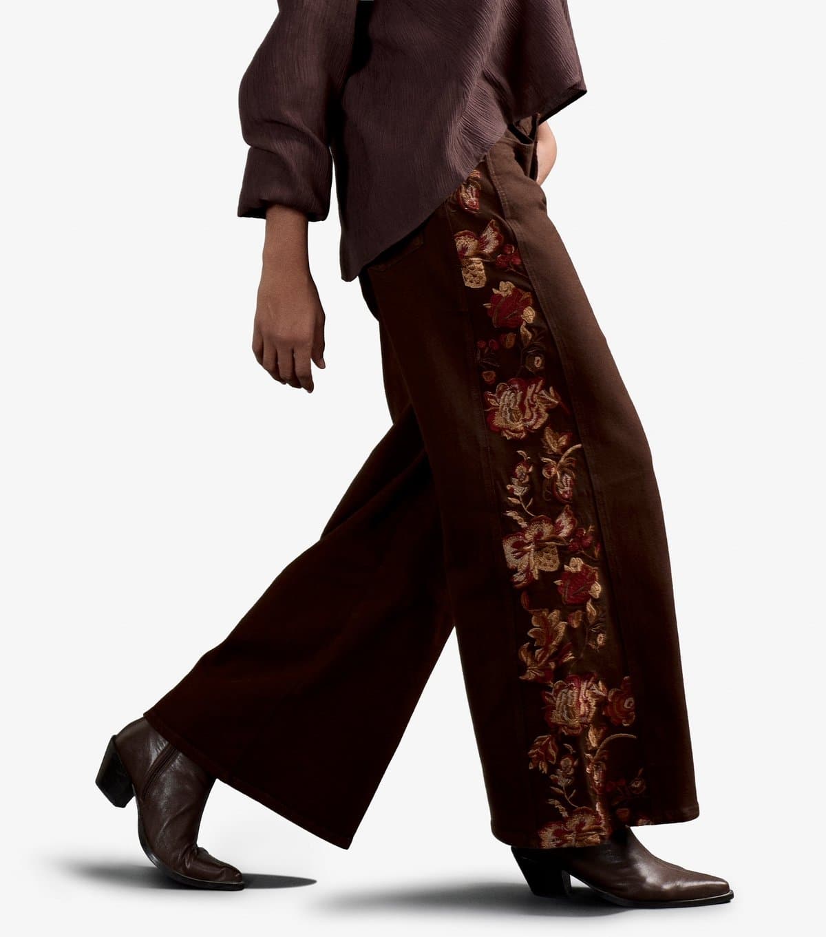 Apricot Women's Brown Floral Embroidered Trim Wide Leg Jeans Apricot New Look