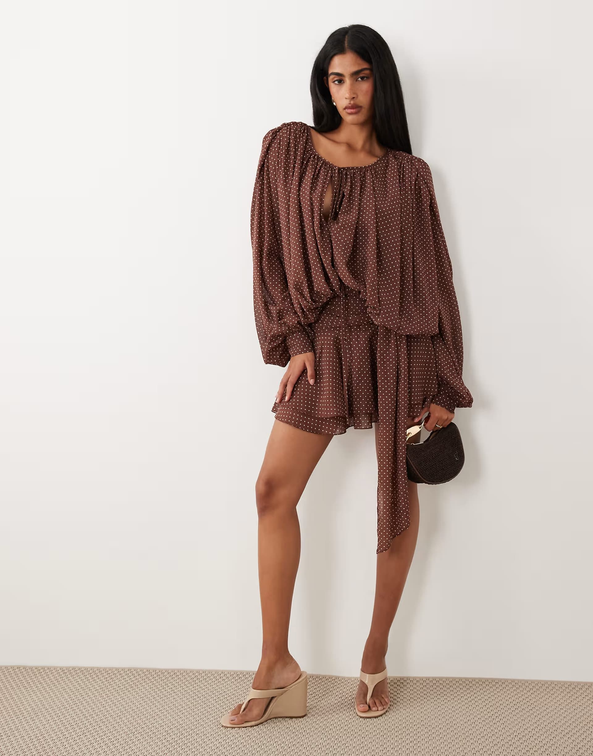 ASOS Lioness Elements chiffon drape detail balloon sleeve tie waist mini dress in chocolate and cream polka dot