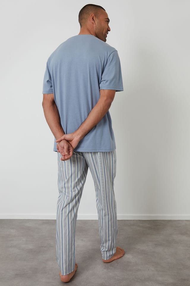 Threadbare Threadbare Men's Pyjama T-Shirt & Stripe Bottoms Set in Blue - 2