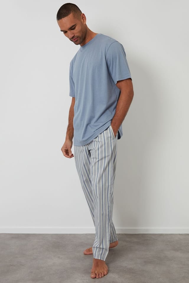 Threadbare Threadbare Men's Pyjama T-Shirt & Stripe Bottoms Set in Blue - 3