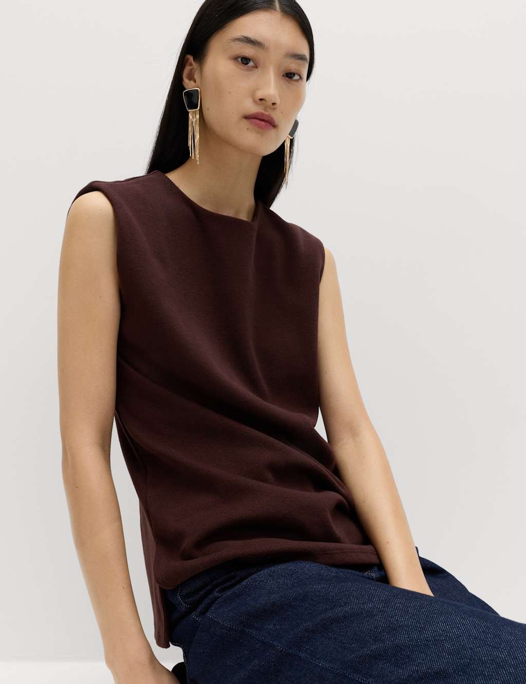 Marks & Spencer M&S Cosy Cotton Blend Round Neck Top Golden Brown - 3