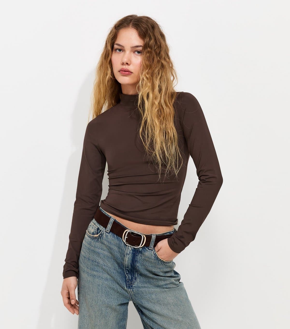 New Look Women's Dark Brown Slinky Jersey High Neck Long Sleeve Top New Look