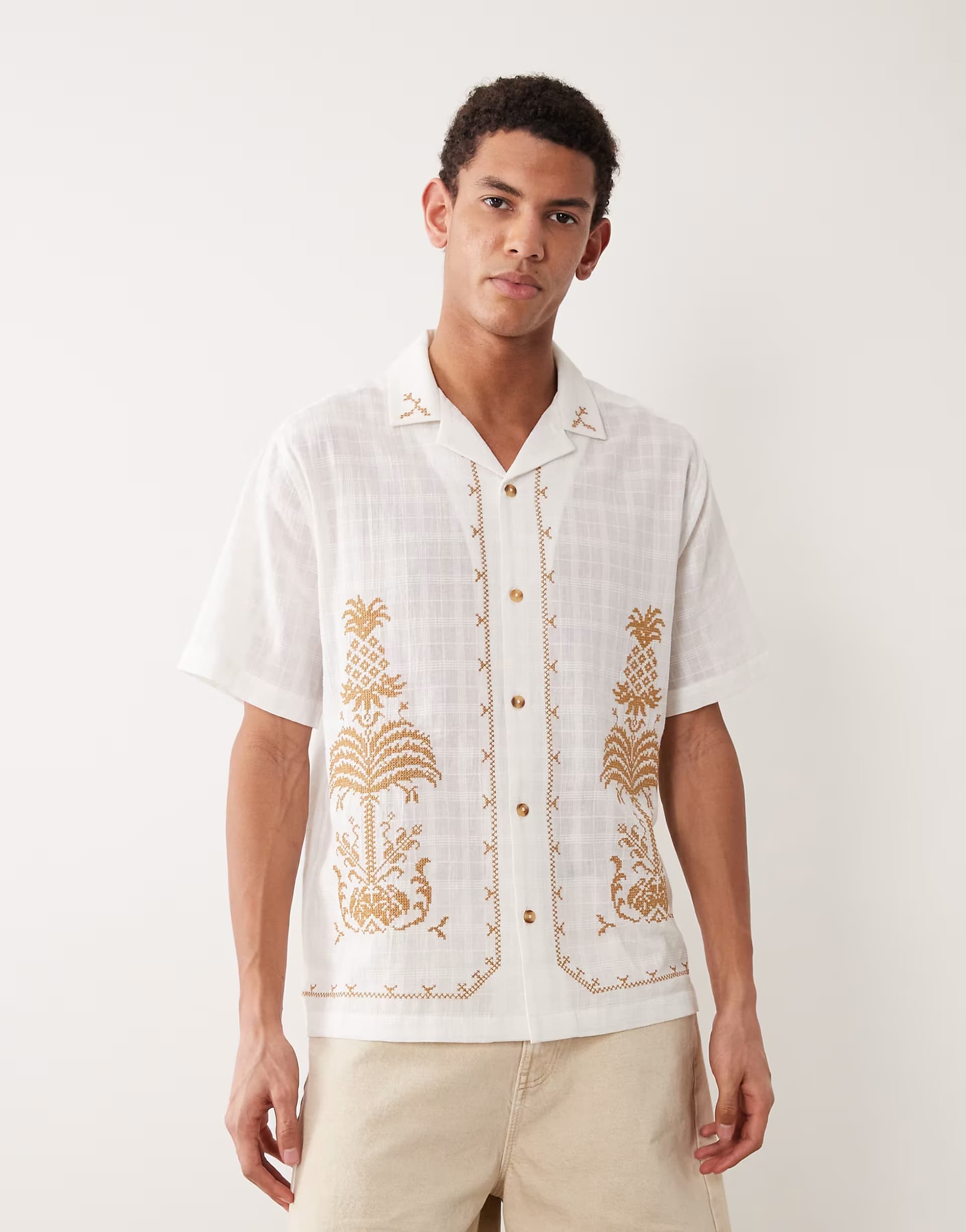 ASOS ASOS DESIGN relaxed textured shirt with embroidery in white