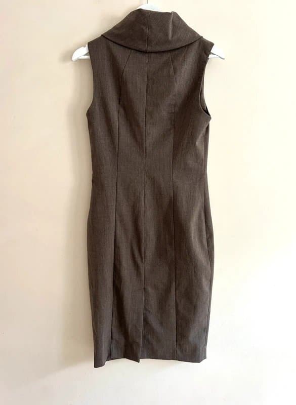 Zara Basic 🖤ZARA Basic UK M Taupe Brown Sleeveless Pencil Dress – Cowl Neck Office Smart Midi🖤