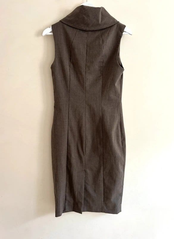 Zara Basic 🖤ZARA Basic UK M Taupe Brown Sleeveless Pencil Dress – Cowl Neck Office Smart Midi🖤 - 1