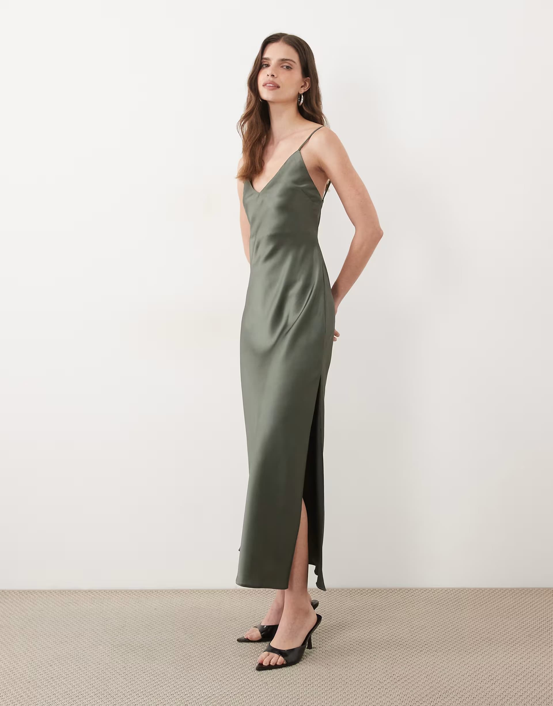 ASOS Miss Selfridge satin back detail maxi slip dress in khaki