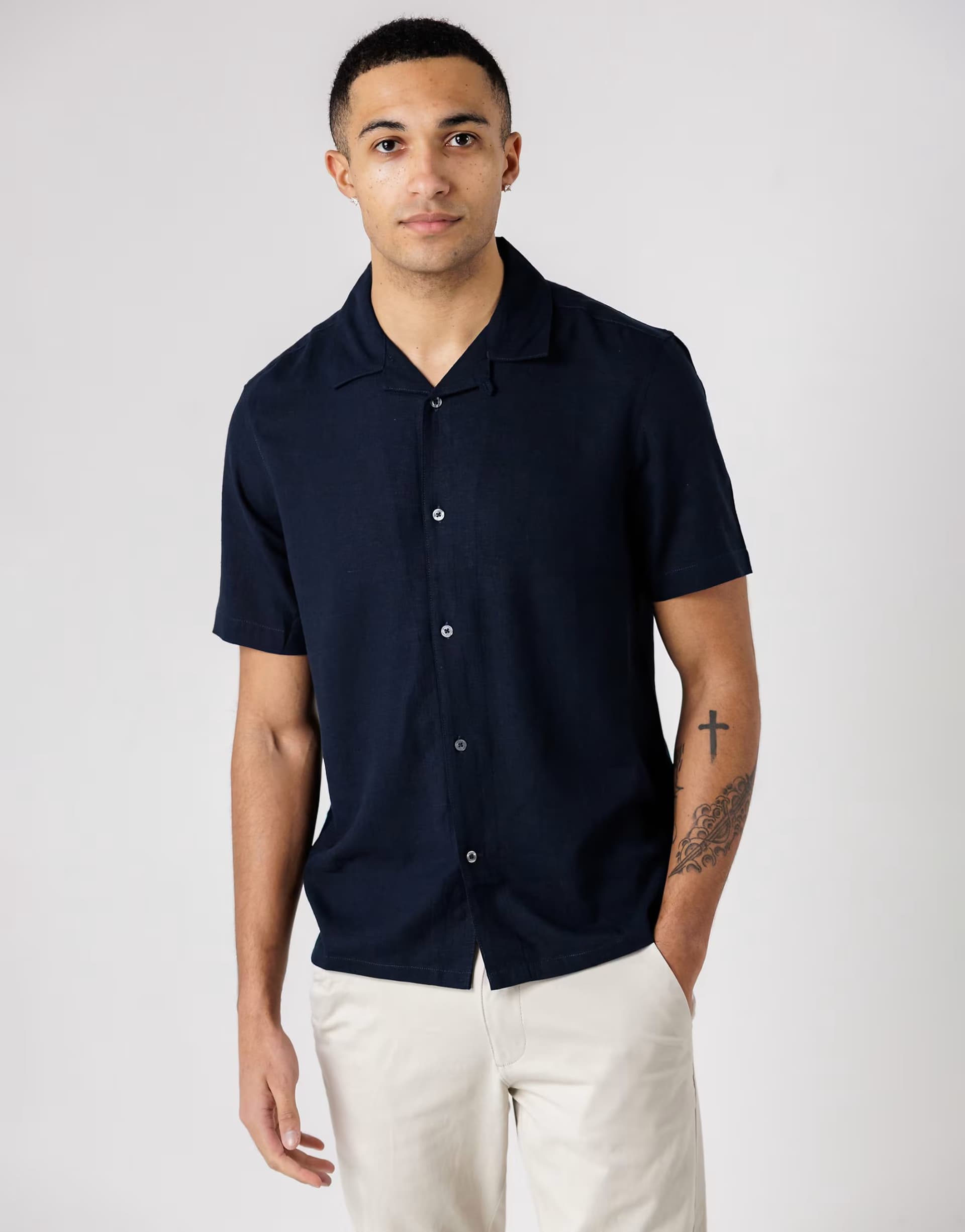 ASOS ASOS Navy Linen Blend Short Sleeve Shirt