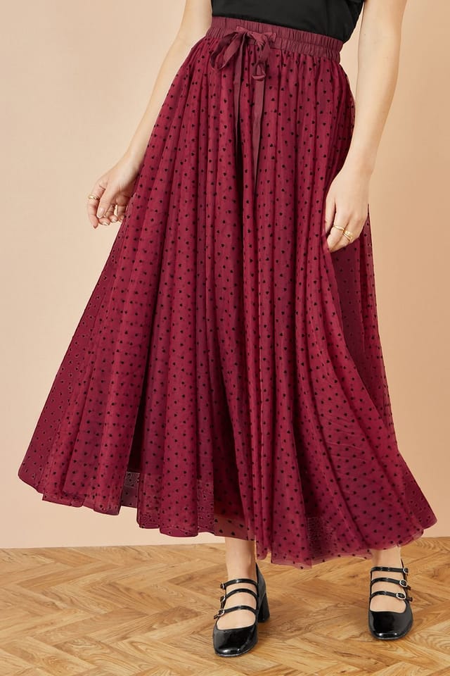 Yumi Yumi Women's Burgundy Mesh Heart Print Tulle Skirt - 2