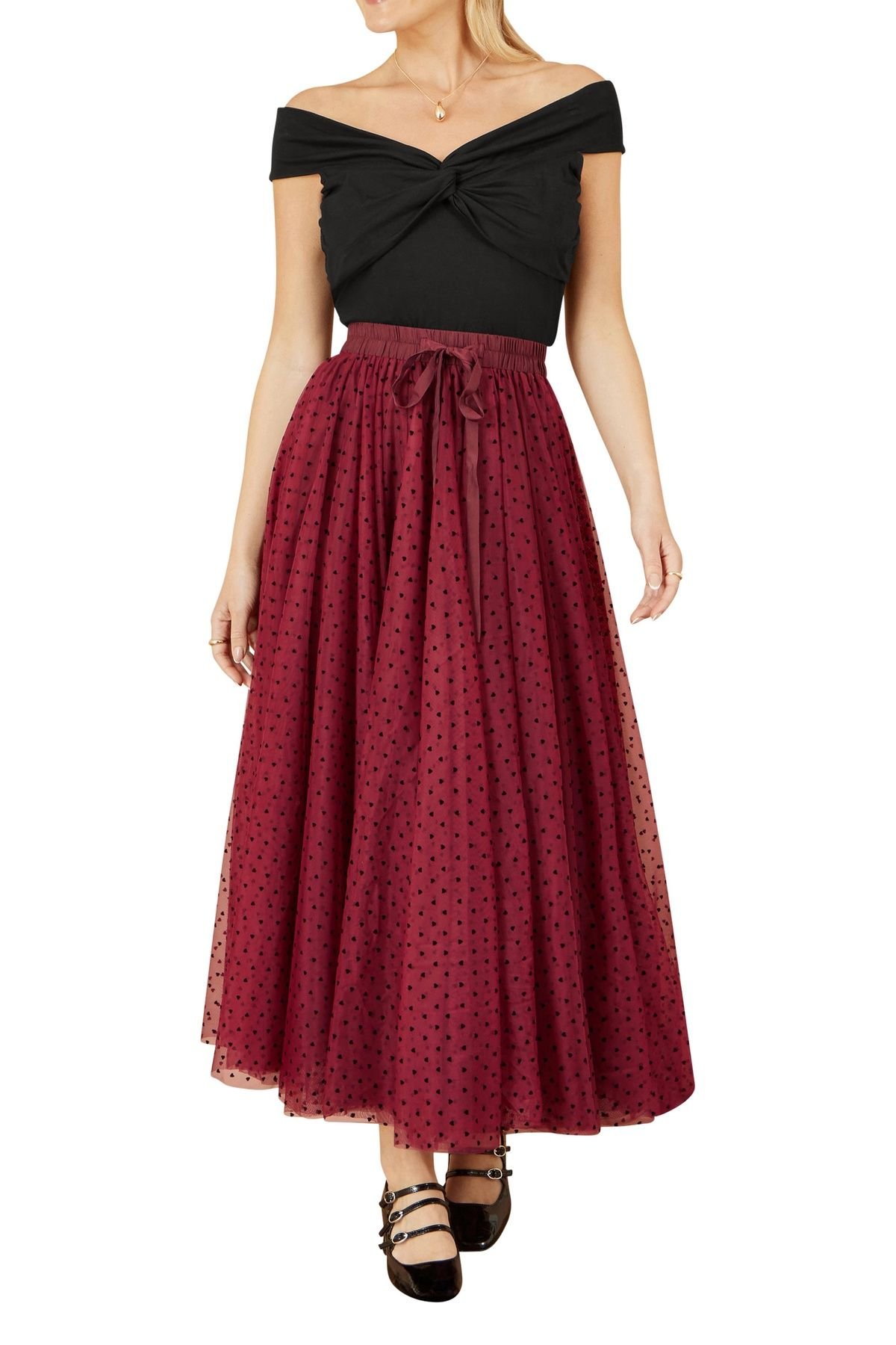 Yumi Yumi Women's Burgundy Mesh Heart Print Tulle Skirt - 4