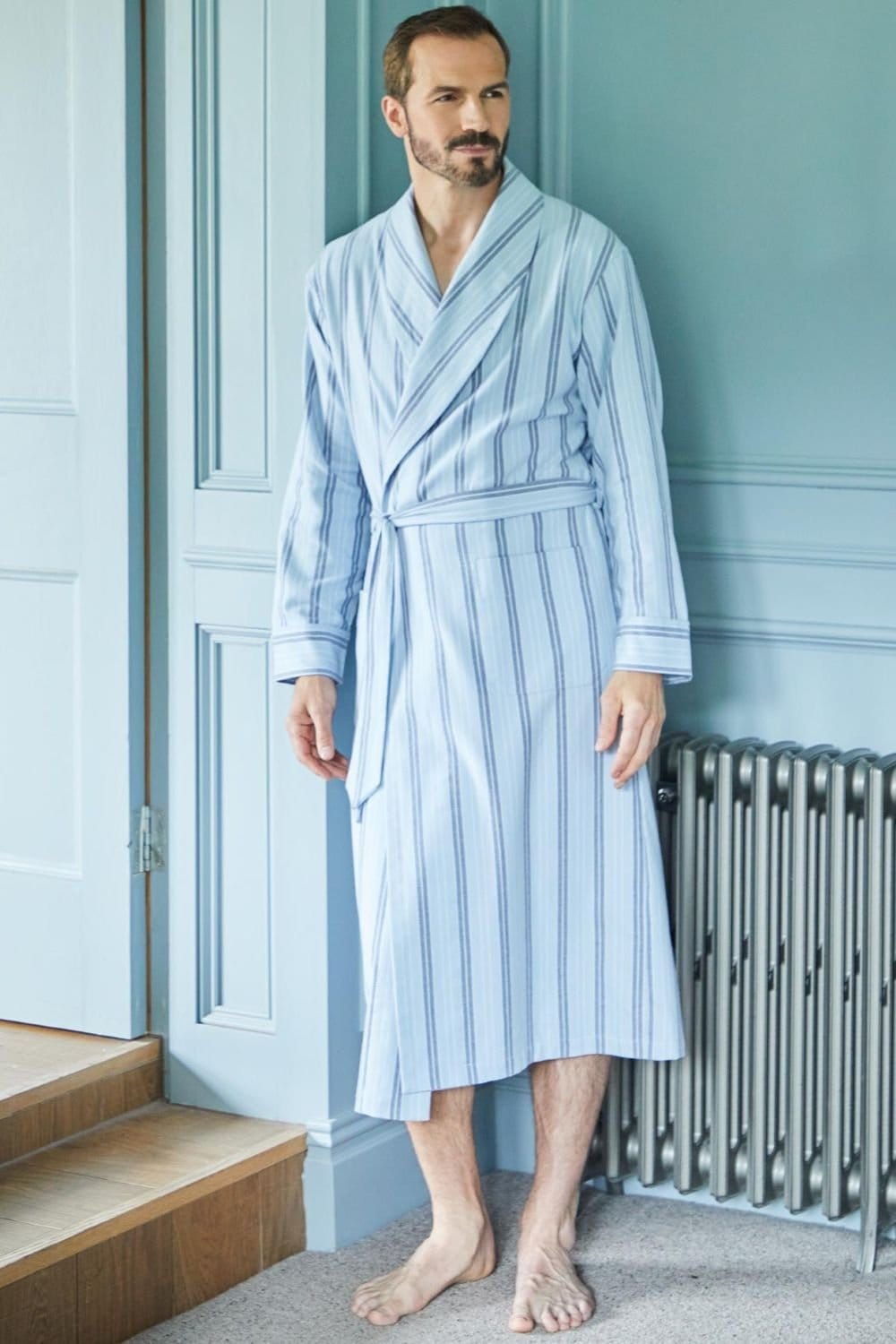 British Boxers British Boxers Men's "Brighton Blue" Stripe Brushed Cotton Dressing Gown in Light Blue - 4