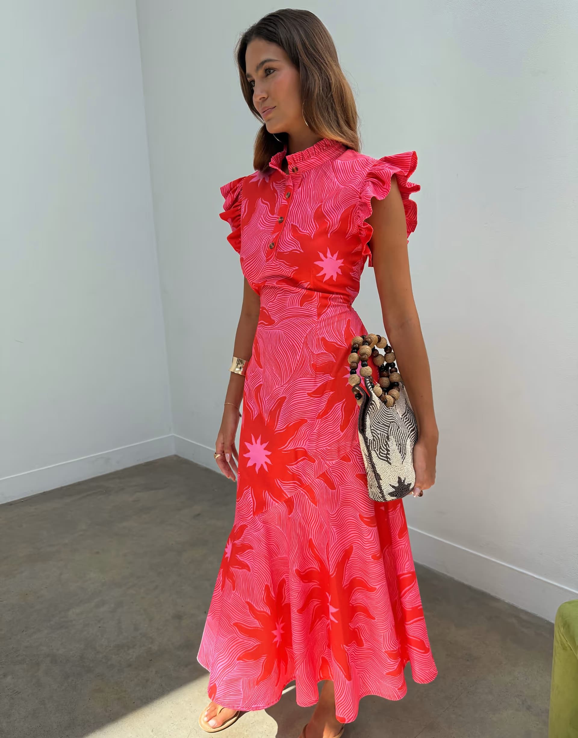 ASOS Never Fully Dressed Frida high neck frill sleeve midi dres sin pink and red soleil print