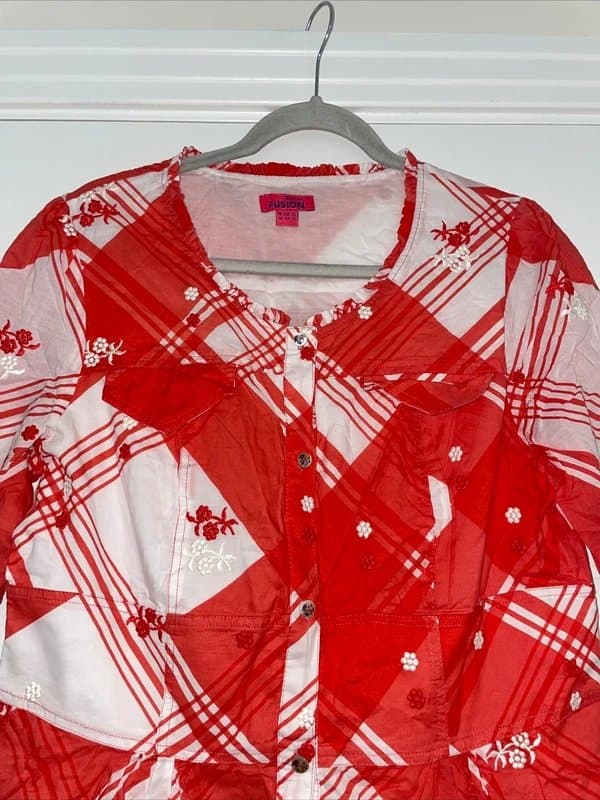 Monsoon Monsoon Red White Floral Embroidered Button Down Dress Plus Size 16 Summer Casua