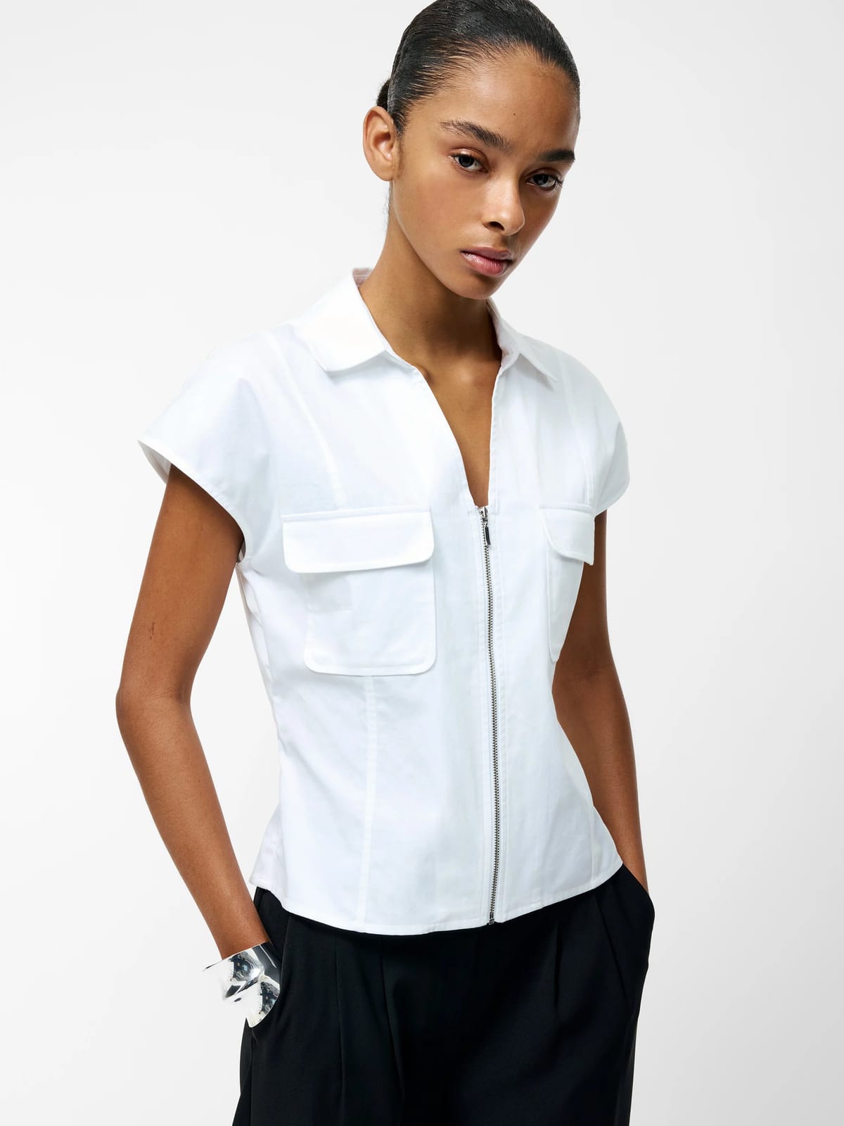 French Connection Alexis Cotton Front Zip White Top Linen White - 1