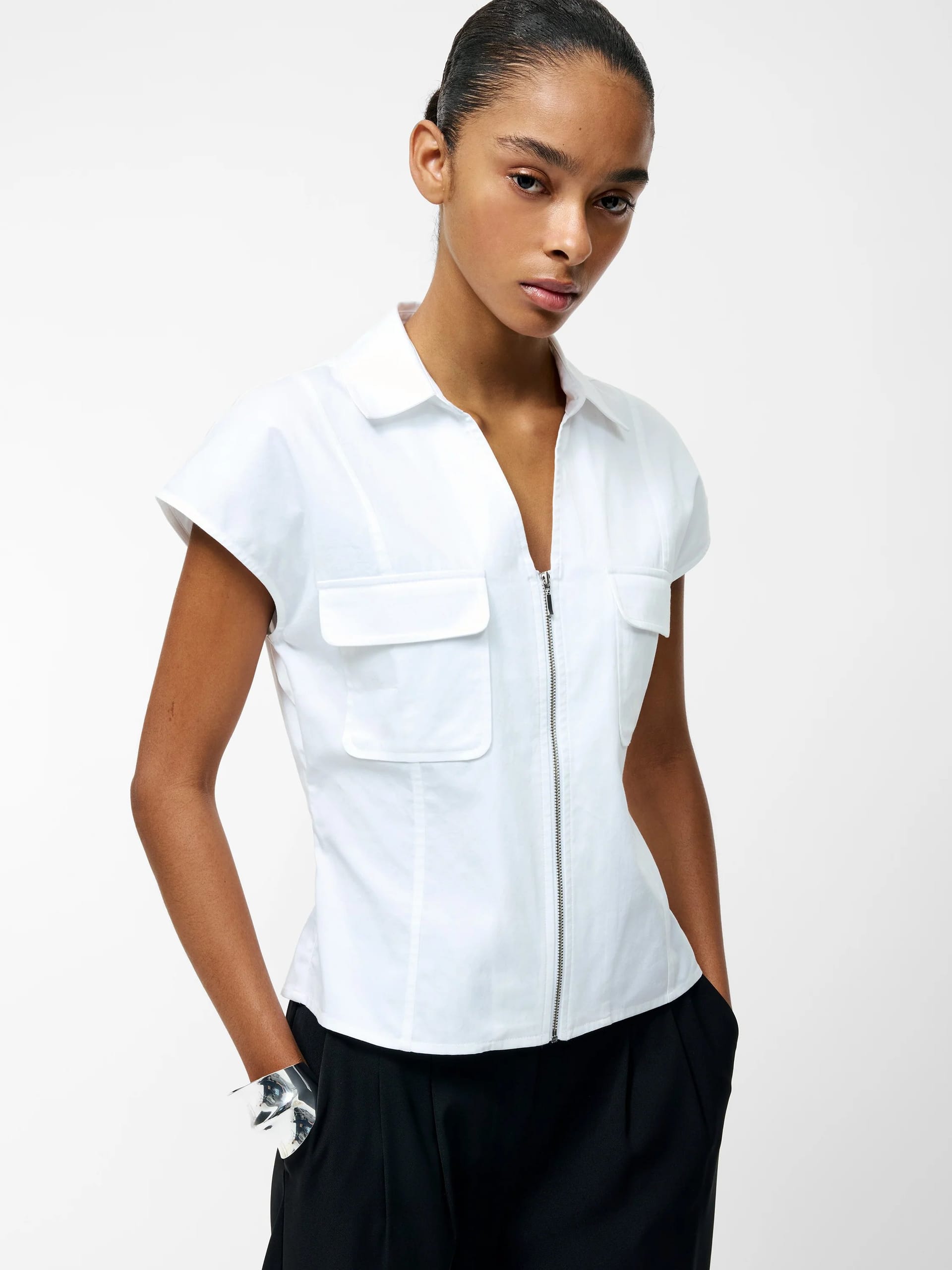Alexis Cotton Front Zip White Top Linen White