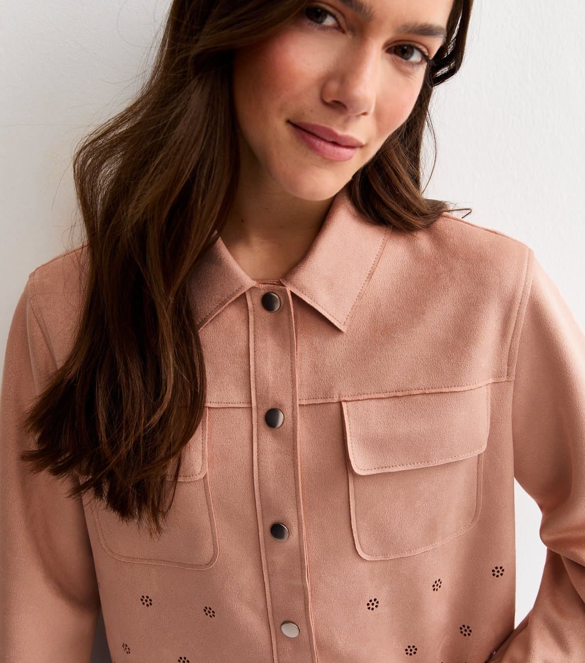 New Look Women's Petite Light Pink Cutwork Faux Suede Shacket New Look